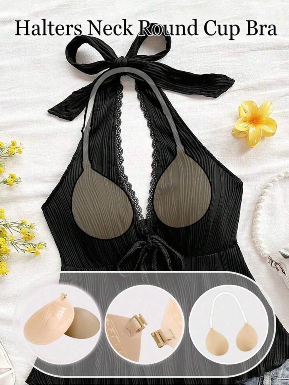 NWT Women’s Beige Halter Neck Cup Bra and Sticky Clip Bra, 2-in-1, Size D Shein